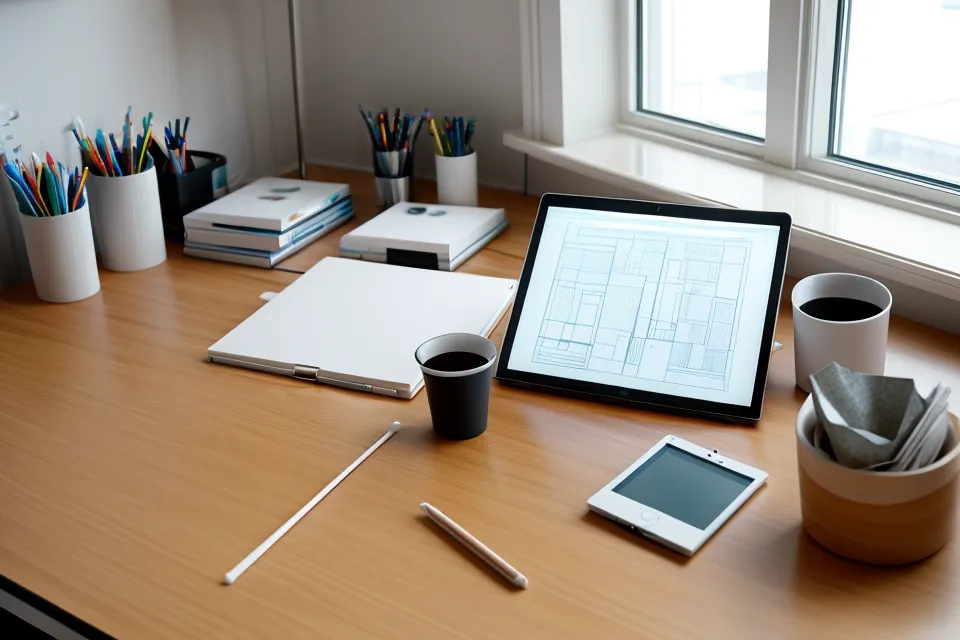 Manos organizando capas y nombres de mesas de trabajo en un flujo de trabajo de Illustrator para arquitectura