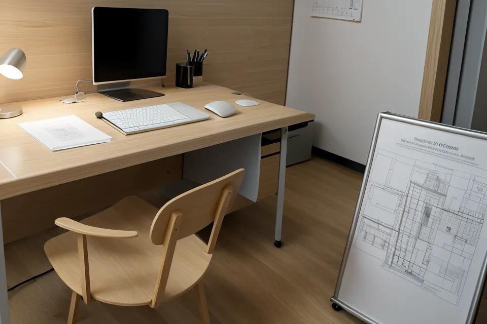 Plano de arquitectura enrollado sobre mesa de trabajo tras una entrega