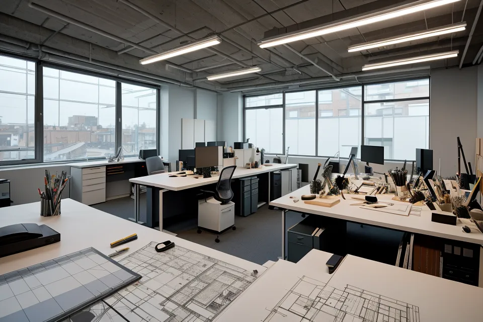 Pila de portfolios de arquitectura impresos sobre una mesa con un escalímetro
