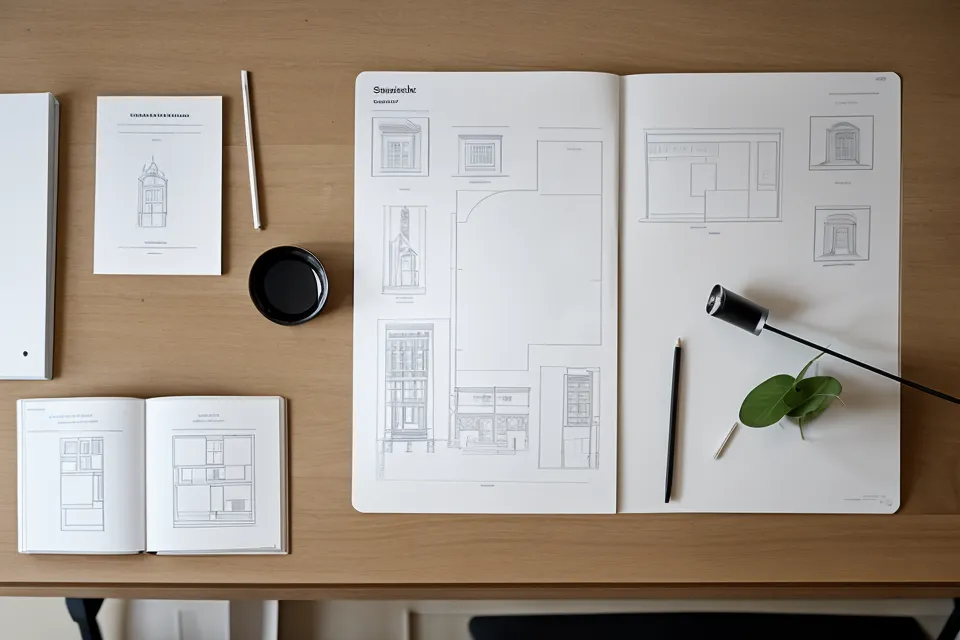 Panel de Illustrator con la composición de una lámina de arquitectura y el espacio negativo alrededor de los planos