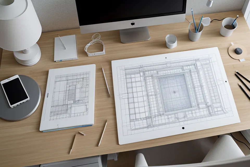 Mano señalando una lámina de arquitectura con jerarquía visual clara durante una corrección