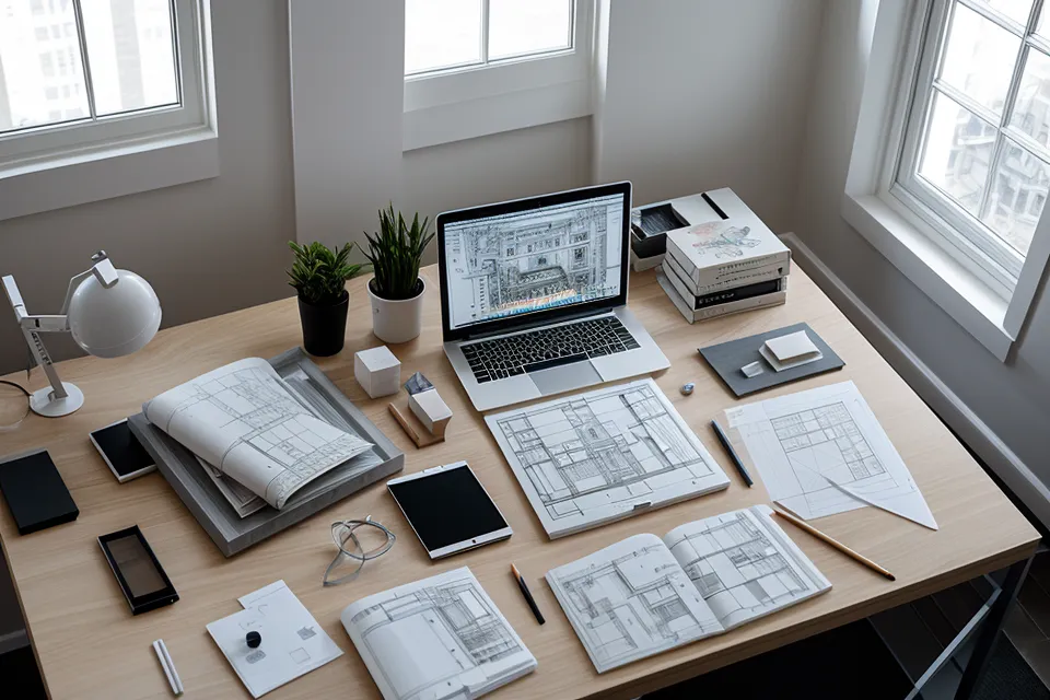 Estudiante de arquitectura junto a un plotter de gran formato recogiendo sus láminas finales