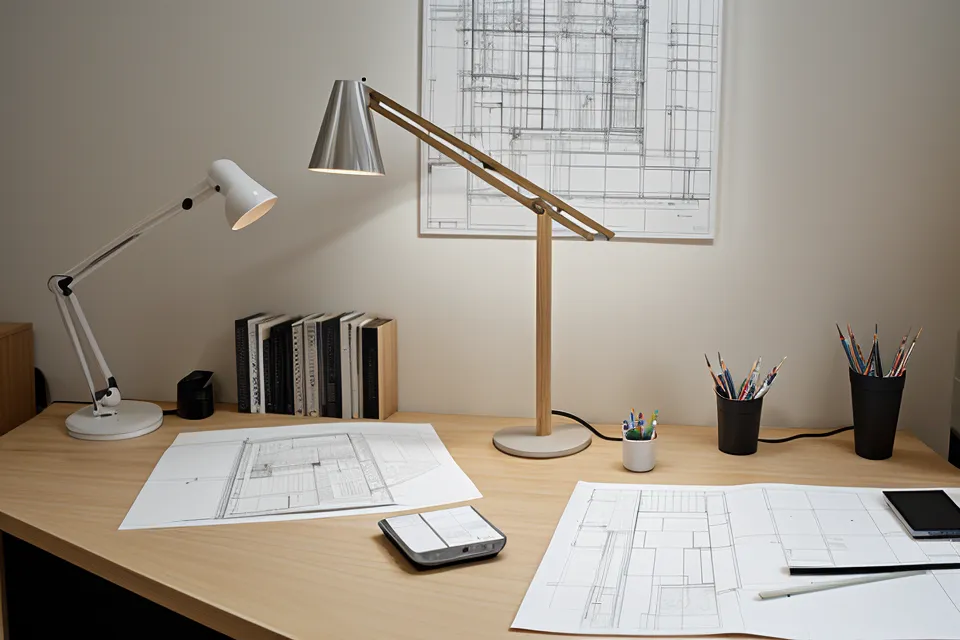 Panel de arquitectura bajo luces fluorescentes mostrando problemas de legibilidad